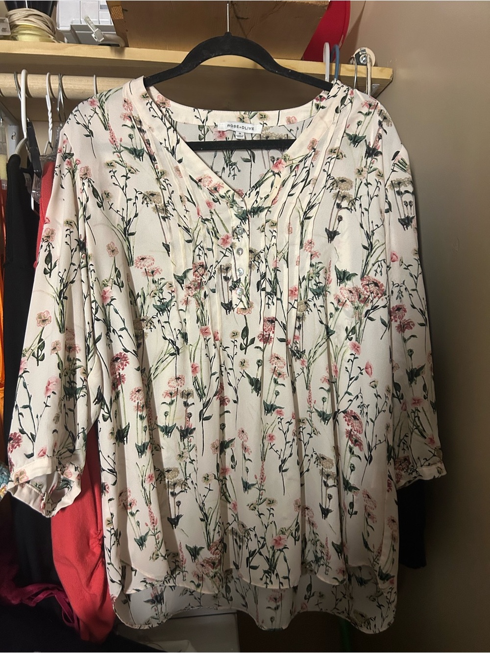 Rose & Olive Cream Floral Pintuck Tunic with Pink & Green Blooms